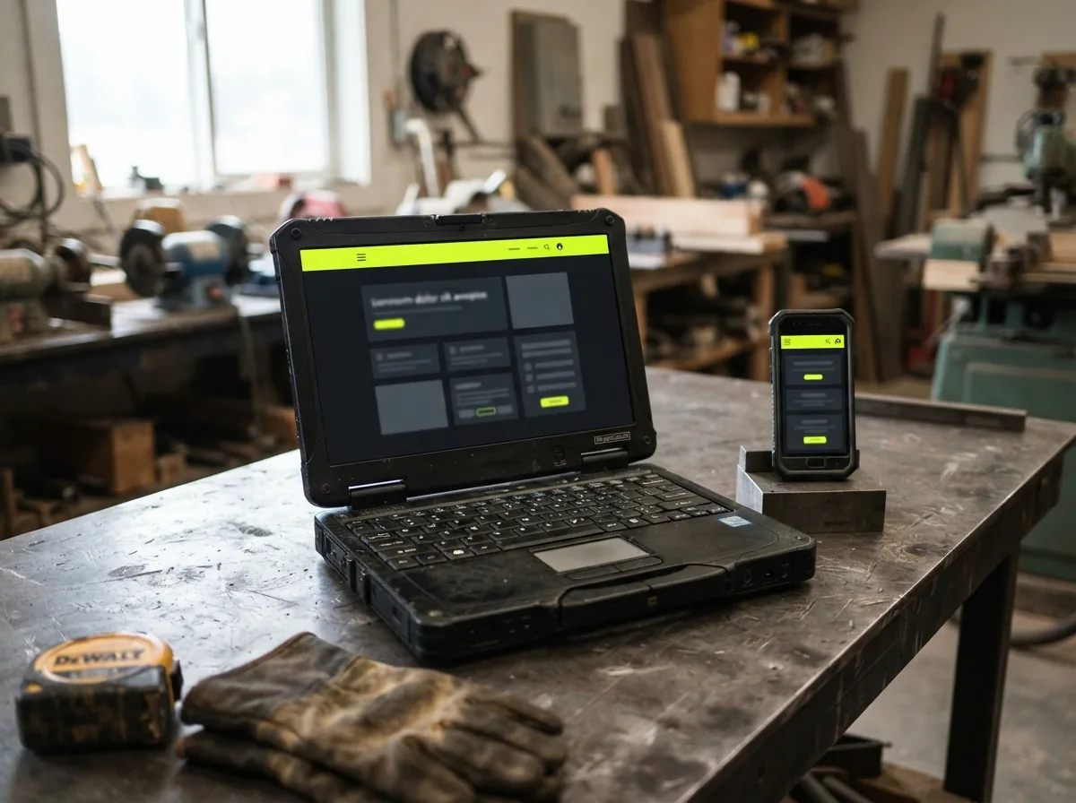 A rugged laptop and a phone on a shop workbench, both showing a dark website with a hi-vis header.