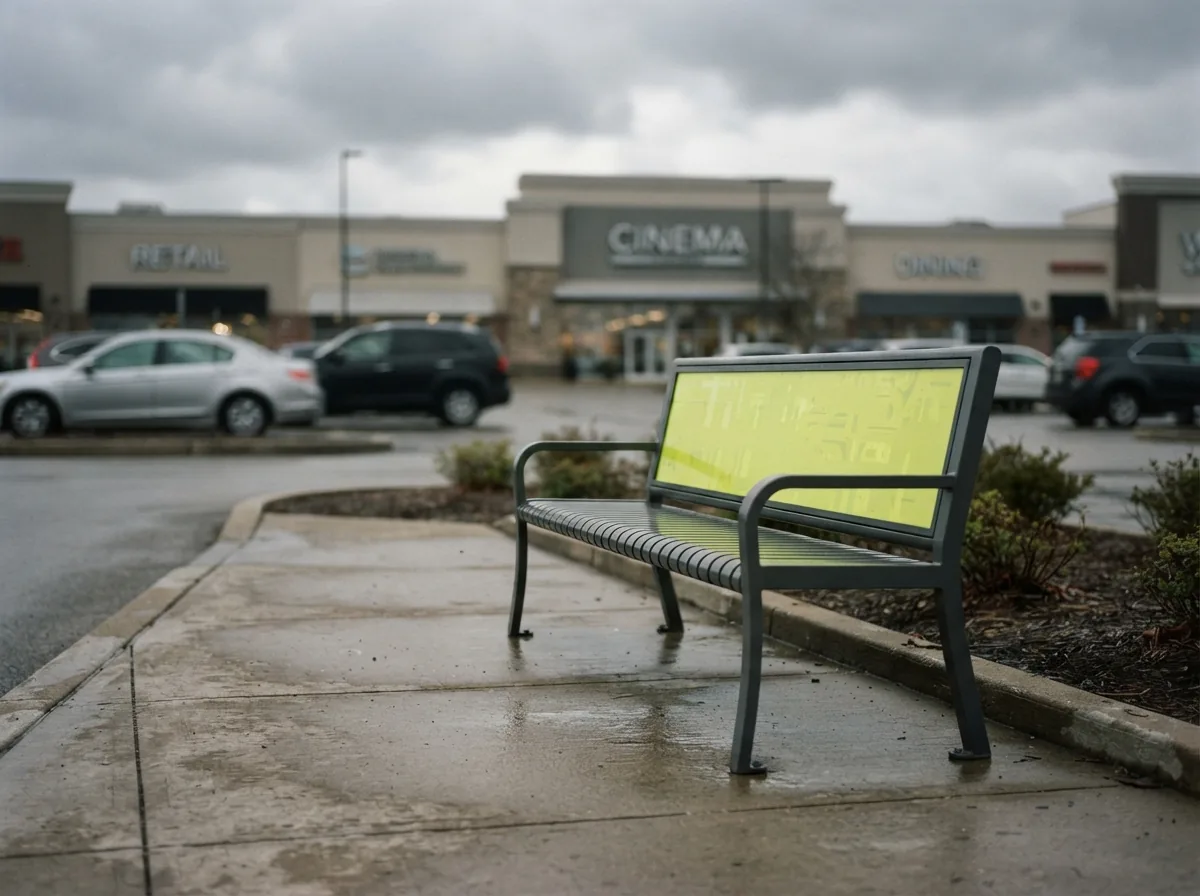 A bench outside a plaza storefront with a printed advertising panel on the back.