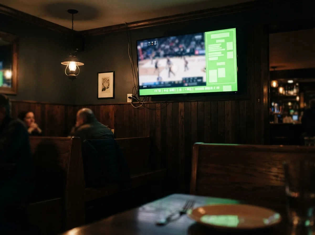A booth in a bar with a wall-mounted TV showing a game alongside a side panel of specials.